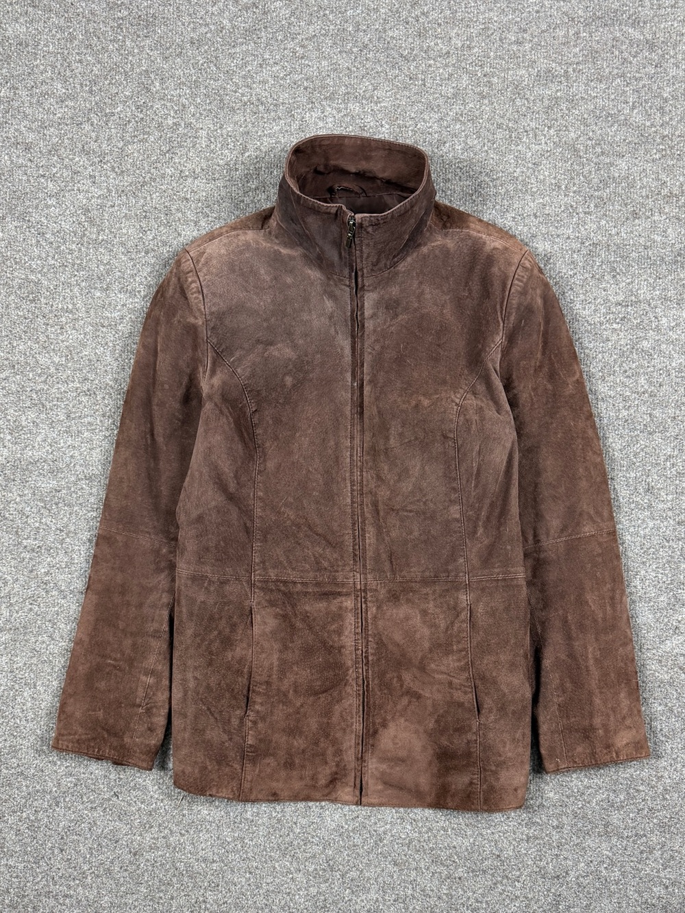 Vintage Brown Suede Leather Full Zip Jacket Womens L Funnel Neck Lightweight Y2K
